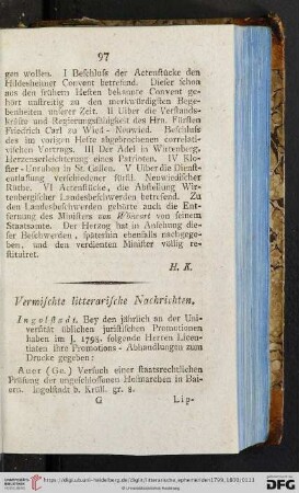Vermischte litterarische Nachrichten