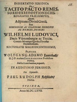 Dissertatio Iuridica De Tacito Pacto Remissorio Ex Redditione Chirographi Praesumpto