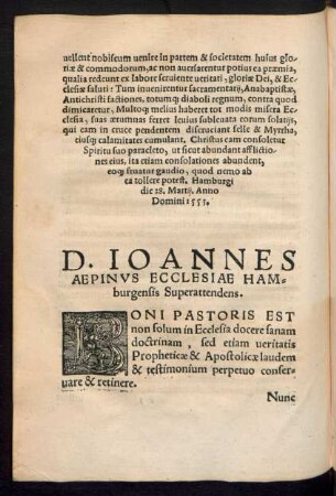 D. Ioannes Aepinus Ecclesiae Hamburgensis Superattendens.