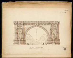 Siegestor auf dem Belle-Alliance-Platz (Hallesches Tor), Berlin-Kreuzberg Monatskonkurrenz Dezember 1871: Aufriss Vorderansicht (Blick nach Norden); Maßstabsleiste