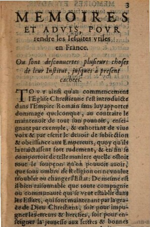 Mémoires et Advis pour rendre les Jesuites utiles en France