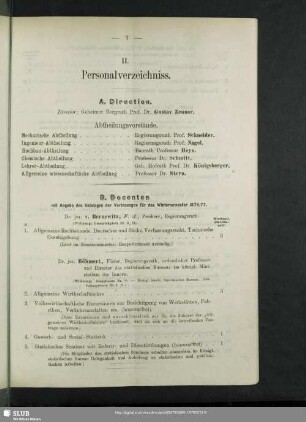 B. Docenten mit Angabe des Kataloges der Vorlesungen für das Wintersemester 1876/77