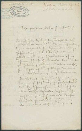 27. März 1885, Berlin [Brief von Alphons Stübel an Max Uhle]
