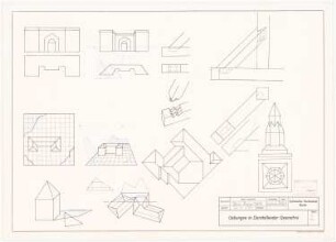 Übungen in Darstellender Geometrie Bl. 2: Perspektivische Ansichten, Fluchtpunktperspektiven von Gebäuden und Türmen