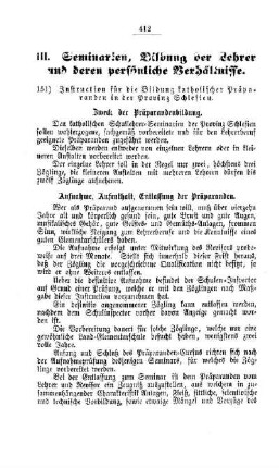 Instruction für die Bildung katholischer Präparanden in der Provinz Schlesien : [III. Seminarien, Bildung der Lehrer und deren persönliche Verhältnisse]