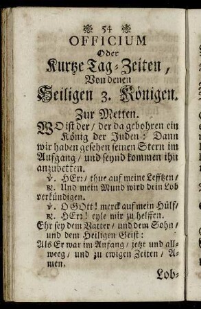 Officium Oder Kurtze Tag-Zeiten, Von denen Heiligen 3. Königen.