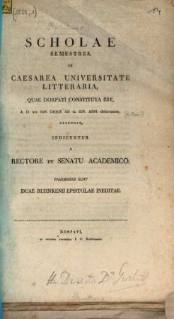 Scholae semestres in Caesarea Universitate Litteraria quae Dorpati constituta est. 1823, 1823, 1