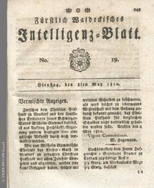 No. 19, Dienstag, den 8ten May 1810