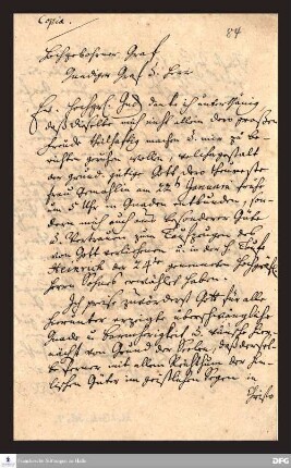 Brief von August Hermann Francke an Heinrich XXIX. von Reuß-Ebersdorf.