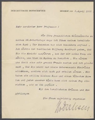 Brief von Herbert von Dirksen [Deutsche Botschaft in Moskau] an Georg Kolbe