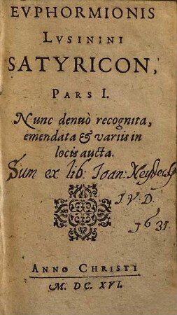 Evphormionis Lvsinini Satyricon, 1