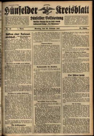 Erste Ausgabe vom Montag, den 22. Februar 1937.