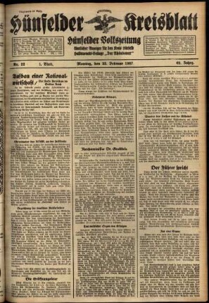 Erste Ausgabe vom Montag, den 22. Februar 1937.