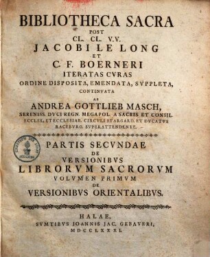 Bibliotheca Sacra, 2,1. De Versionibus Librorum Sacrorum ; 1. De Versionibus Orientalibus