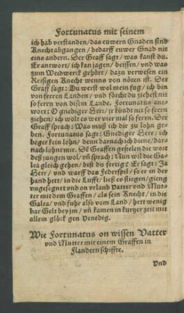 Wie Fortunatus on wissen Vatter und Mutter mit einem Graffen in Flandern schiffte.