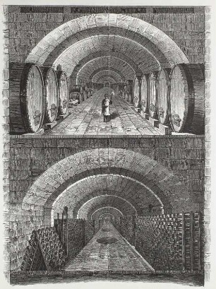 Die Schaumweinfabrikation in der Nieder-Lößnitz: Die Kellerräume (Faßkeller und Flaschenkeller) : Die Schaumweinfabrikation in der Nieder-Lößnitz. Zwei Abbildungen (Faßkeller und Flaschenkeller) zu einem Artikel zur Fabrik für moussierende Weine in Radebeul