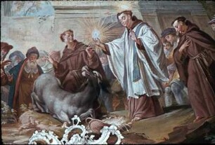 Die Bekehrung eines Juden durch den heiligen Antonius von Padua: ein Esel kniet vor der Hostie nieder