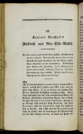 III. Kapitain Marschall's Rückreise von Neu-Süd-Wallis.
