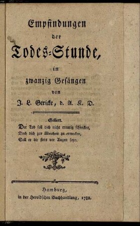 Empfindungen der Todes-Stunde : in zwanzig Gesängen