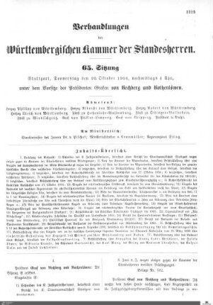 65. Sitzung, Stuttgart, 20.10.1904