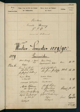 Wintersemester 1889/1890. Rektorat Ernst (Carl Georg Ernst von) Herzog