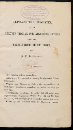 Alphabetisch register op de herziene uitgave der algemeene orders voor het Nederlandsch-Indisch leger, door G. P. J. Ockerse