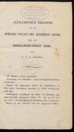 Alphabetisch register op de herziene uitgave der algemeene orders voor het Nederlandsch-Indisch leger, door G. P. J. Ockerse