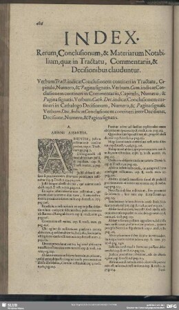 Index. Rerum, Conclusionum, & Materiam Notabilium, quae in Tractatu, Commentariis, & Decisionibus clauduntur