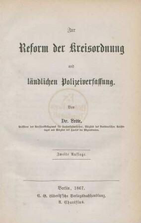 Zur Reform der Kreisordnung und ländlichen Polizeiverfassung