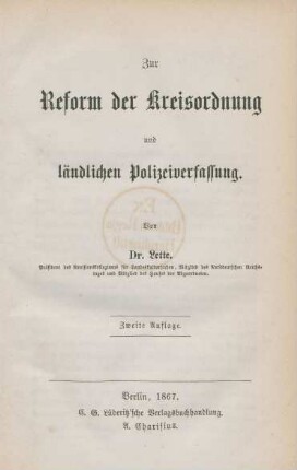 Zur Reform der Kreisordnung und ländlichen Polizeiverfassung