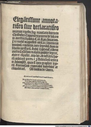 Elegantissime annotationes sive declarationes unacum regesto super examinatis doctoris Christofori Cuppenerii pruteni de lobaw in auctentica habita