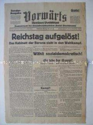 Sonderdruck des "Vorwärts" zur Auflösung des Reichstages und der Bildung der Papen-Regierung ("Kabinett der Barone")