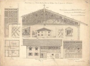 Thiersch, August ; Bauaufnahmen (deutsche Bauernhäuser u.a.) - Bauernhaus zum Waldl - Bartl (Grundriss, Ansicht, Details)