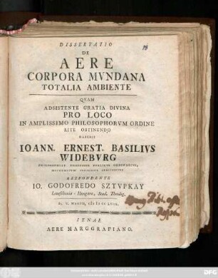 Dissertatio De Aere Corpora Mvndana Totalia Ambiente