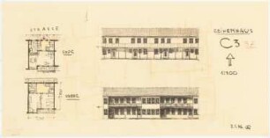 Gesamtbebauungsplan Ankara Ankara Kooperatifi. Haustypen: Typ C3, Reihenhaus 3 Zimmer, Grundriss Erdgeschoss und Obergeschoss, Rückansicht, Vorderansicht 1:100, verworfene Fassung