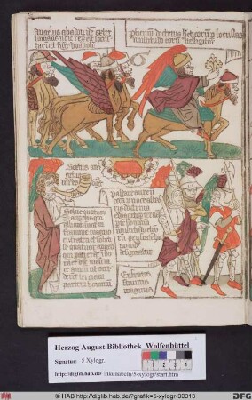 Oben: Der Engel des Abgrundes Apollyon mit den Heuschrecken (Offenb. 9,7). Unten: Der Engel mit der sechsten Posaune (Offenb. 9,13).