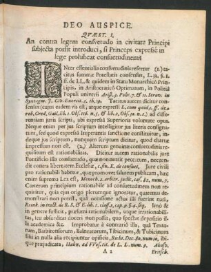 Quaest. I. An contra legem consuetudo in civitate Principi subiecta possit introduci ...?