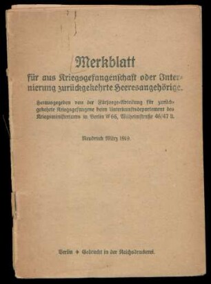 Merkblatt für aus Kriegsgefangenschaft oder Internierung zurückgekehrte Heeresangehörige