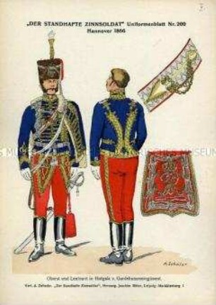 Uniformdarstellung, Oberst und Leutnant in Hofgala-Uniform des Garde-Husaren-Regiments, Details Säbeltasche und Bandelier, Königreich Hannover, 1866.