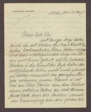 Schreiben von Alexander Kreussen, Krefeld, an Elisabeth Rosset, Kondolenzbrief zum Tod von Constantin Fehrenbach