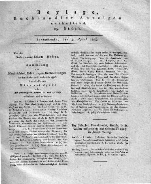 Beylage, Buchhändler Anzeigen enthaltend. 25. Stück.