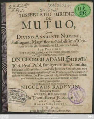Dissertatio Iuridica De Mutuo