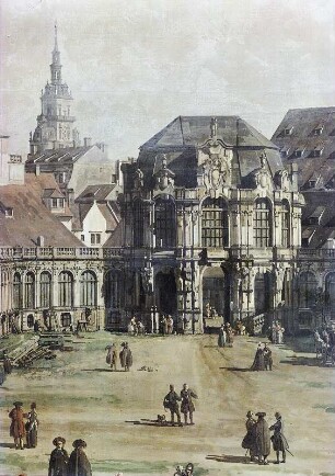 "Der Zwingerhof in Dresden" : Canaletto (1721-1780). Der Zwingerhof in Dresden. Öl/Leinwand, 134 x 237 cm, zwischen 1749 und 1753. Ausschnitt: Der Stadtpavillon. Dresden, Gemäldegalerie Alte Meister 629