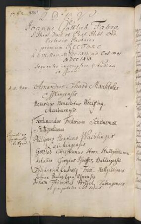 Winterhalbjahr 1762/1763. Rektorat Johann Gottlieb Faber