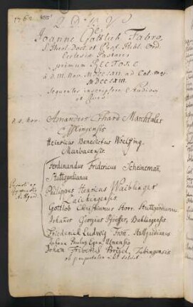 Winterhalbjahr 1762/1763. Rektorat Johann Gottlieb Faber