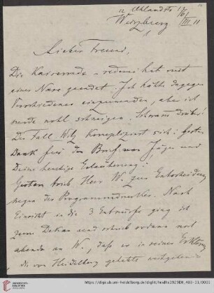 Nachlass Alfred Hettner, Eingegangene Briefe, Korrespondenz Wilhelm Sievers/Alfred Hettner: Brief von Wilhelm Sievers an Alfred Hettner