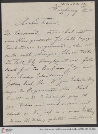 Nachlass Alfred Hettner, Eingegangene Briefe, Korrespondenz Wilhelm Sievers/Alfred Hettner: Brief von Wilhelm Sievers an Alfred Hettner