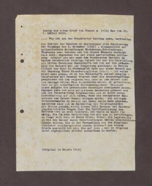 Auszug aus einem Brief von Walter Simons an Prinz Max von Baden über die Ereignisse am 09.11.1919