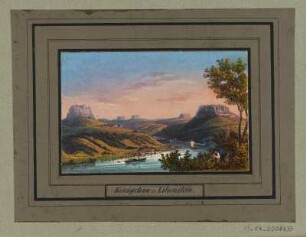 Ansicht der Festung Königstein mit Lilienstein, Radierung, um 1840 : Königstein u. Lilienstein, [ca. 1840]. - 1 Kunstblatt : kol. Radierung; 10,0 x 6,5 cm