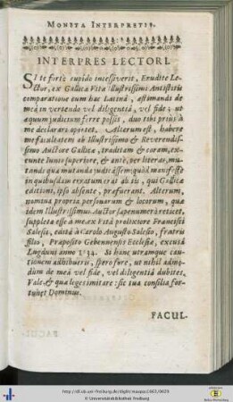 Interpres lectori; Approbationes.